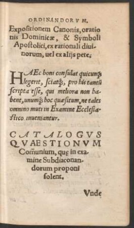 Catalogus Quaestionum Communium, quae in examine Subdiaconandorum proponi solent.