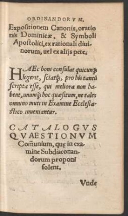 Catalogus Quaestionum Communium, quae in examine Subdiaconandorum proponi solent.