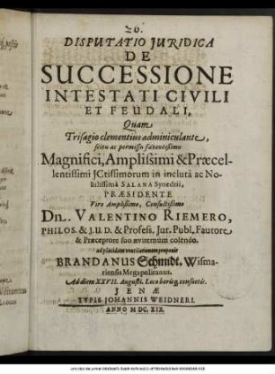 Disputatio Iuridica De Successione Intestati Civili Et Feudali