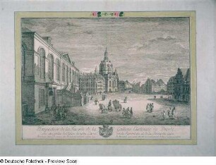 Perspective de la Façade de la Gallerie Electorale de Dresde avec une partie de l'Eglise de Notre dame vers la Rammische et de la Pirnaische Gasse