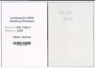 Entnazifizierung Gertrud Hinse , geb. 03.06.1905 (Pflegerin)