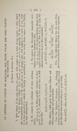 On centres of curves or surfaces, and their polar and pole curves or surfaces.