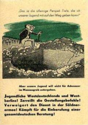 Klebezettel mit Karikatur und Aufruf gegen die Bundeswehr