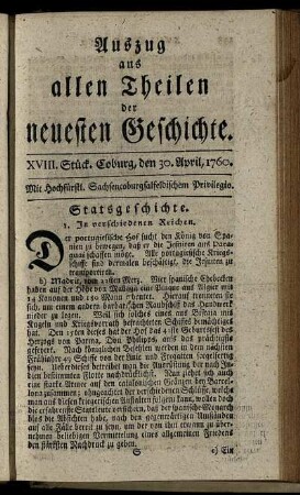 XVIII. Stück. Coburg, den 30. April, 1760.