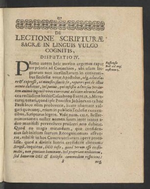 De Lectione Scripturae Sacrae In Linguis Vulgo Cognitis, Disputatio IV.