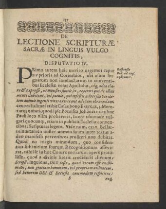 De Lectione Scripturae Sacrae In Linguis Vulgo Cognitis, Disputatio IV.