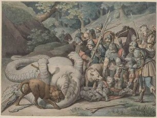 Zu Schillers "Kampf mit den Drachen" (Nr. 9): Der Ritter liegt unter dem Drachen (Blatt 13)