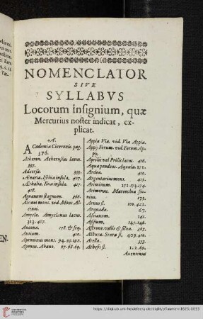 Nomenclator sive syllabvs locorum insignium, quæ Mercurius noster indicat, explicat