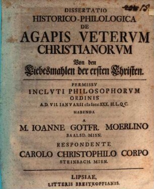 Diss. de agapis veterum Christianorum