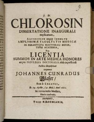 Chlorosin Dissertatione Inaugurali explicatam