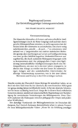 Franz Emanuel Weinert: Begabung und Lernen: Zur Entwicklung geistiger Leistungsunterschiede