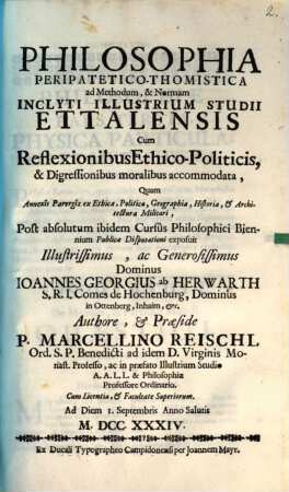 Philosophia peripatetico-thomistica ad methodum ... inclyti illustrium studii Ettalensis ... accommodata, Pars III./IV.