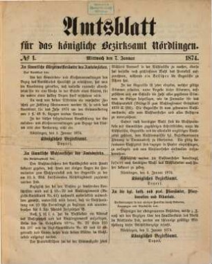 Amtsblatt für das Bezirksamt Nördlingen. 1874