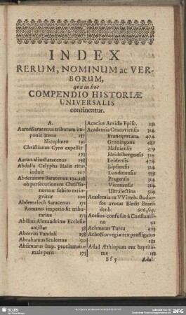 Index Rerum, Nominum ac Verborum, quae in hoc Compendio Historiae Universalis continentur