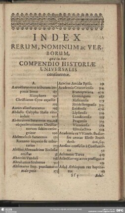 Index Rerum, Nominum ac Verborum, quae in hoc Compendio Historiae Universalis continentur
