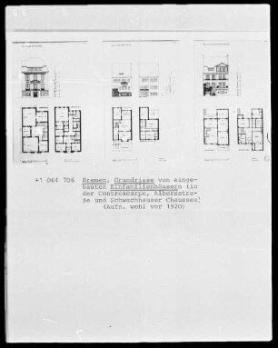 Grundrisse und Aufrisse von Einfamilienhäusern in der Contrescarpe, Albersstraße und Schachhausener Chaussee in Bremen