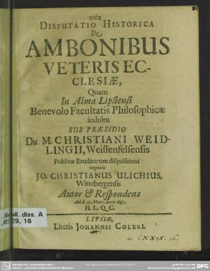 Disputatio historica de ambonibus veteris ecclesiae