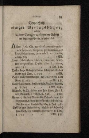 Verzeichniß einiger Verlagsbücher, welche bey dem Verleger vorstehender Schrift um beygesezte Preise zu haben sind.