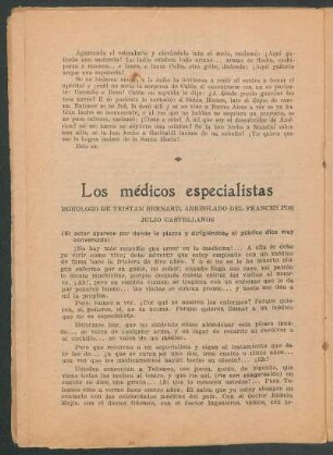 Los médicos especialistas : Monólogo de Tristan Bernard, arreglado del francés por Julio Castellanos