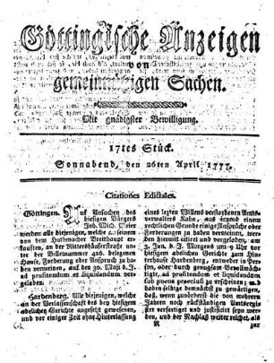 17tes Stück. Sonnabend, den 26ten April 1777.