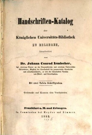 Handschriften-Katalog der Königlichen Universitäts-Bibliothek zu Erlangen
