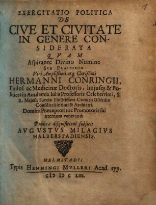 Exercitatio politica de cive et civitate in genere considerata