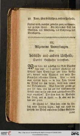 III. Allgemeine Anmerkungen über biblische und andere Urtheile, Davids Geschichte betreffend