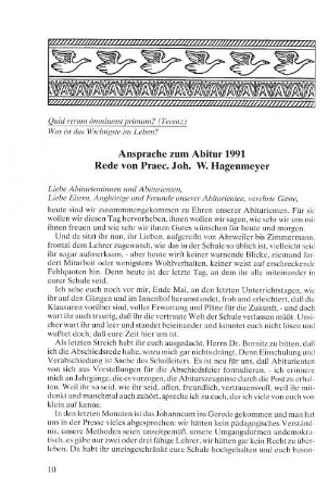 Ansprache zum Abitur 1991 Rede von Praec. Joh. W. Hagenmeyer