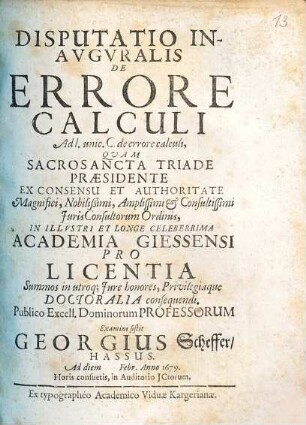 Disputatio Inauguralis De Errore Calculi Ad l. unic. C. de errore calculi