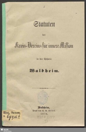 Statuten des Kreis-Vereins für innere Mission in der Ephorie Waldheim