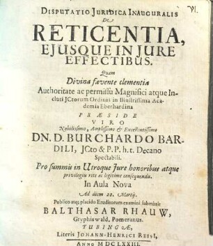 Disputatio Iuridica Inauguralis De Reticentia, Eiusque In Iure Effectibus