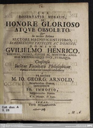 Dissertatio Moralis, De Honore Glorioso Atque Obsoleto ...