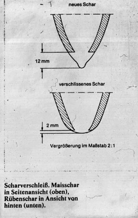 Scharverschleiß. Maisschar in Seitenansicht (oben) und Rübenschar in Ansicht von hinten (unten)