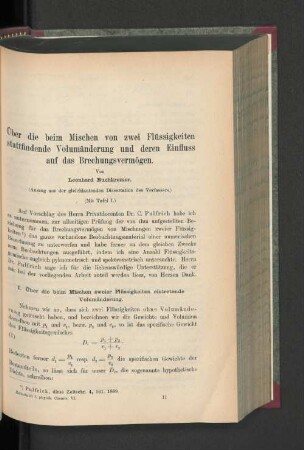 Über die beim Mischen von zwei Flüssigkeiten stattfindende Volumänderung und deren Einfluss auf das Brechungsvermögen.