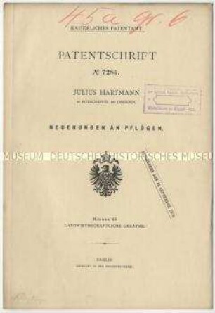 Patentschrift über Neuerungen an Pflügen, Patent-Nr. 7285