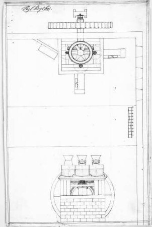 Entwurf einer "Mahlmühle": Draufsicht auf Mühlrad und Zahnräder der Mahlvorrichtung, Ansicht schwarz-weiß, handgezeichnet Maßstab von 10? (1=0,6 cm), 45,6 x 27,9 cm