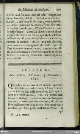 Lettre DC. Aux Rochers, Mécredi, 23. Novembre, 1689