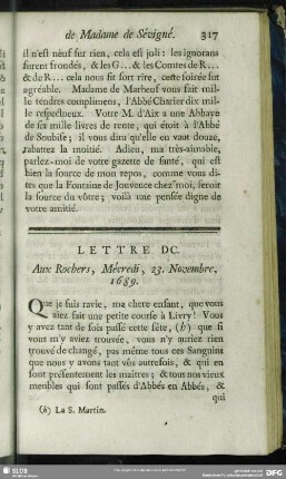 Lettre DC. Aux Rochers, Mécredi, 23. Novembre, 1689