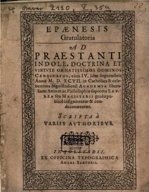 Epaenesis gratulatoria ad Candidatos cum 1597 magisterii Gradu condecorarentur