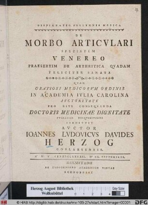 Dissertatio Sollemnis Medica De Morbo Articvlari Speciatim Venereo Praesertim De Arthritica Qvadam Feliciter Sanata