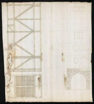 Gestrichelte Skizze eines Turms: Aufriss und Längsschnitt nebst Bodengrundriss (wahrscheinlich vom Hohentwiel)
