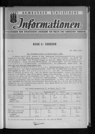 Der Fremdenverkehr im Monat April 1954 : Nr. 17