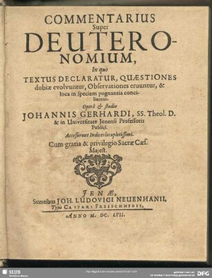 Commentarius Super Deuteronomium In quo Textus Declaratur, Quaestiones dubiae evolvuntur, Observationes eruuntur, & loca in speciem pugnantia conciliantur : Acesserunt Indices locupletissimi