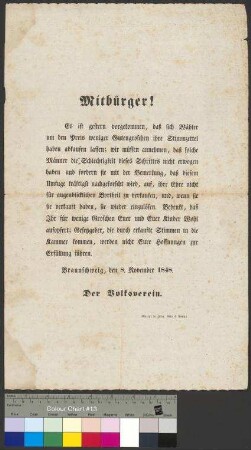 Aufruf des Volksvereins Braunschweig gegen die Käuflichkeit von Stimmzetteln vor der Wahl zur Ständeversammlung des Braunschweigischen Landtags im November 1848
