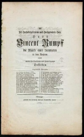 Als der Hochedelgebohrne und Hochgelahrte Herr Herr Vincent Rumpff die Würde eines Licentiaten in den Rechten erhielt wolten ihre Ergebenheit und Freude bezeugen Desselben ergebenste Freunde ...