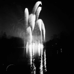 Karpfenfest: Neuhöfer Teich: Nachtaufnahme: Feuerwerk: mit Spiegelung, 10. Oktober 1965