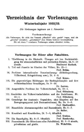 Verzeichnis der Vorlesungen Winterhalbjahr 1932/33.