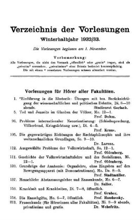 Verzeichnis der Vorlesungen Winterhalbjahr 1932/33.