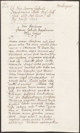 Andreas Felix von Oefele (1706-1780) Nachlass: Entwurf eines Briefes von Andreas Felix von Oefele an Johann Gabriel Doppelmayer - BSB Oefeleana 63.a. Doppelmayer, Johann Gabriel