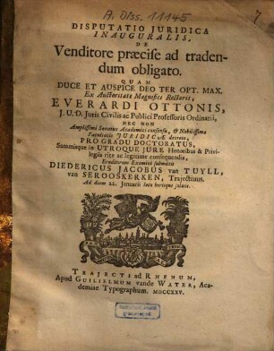 Disputatio Iuridica Inauguralis, De Venditore praecise ad tradendum obligato